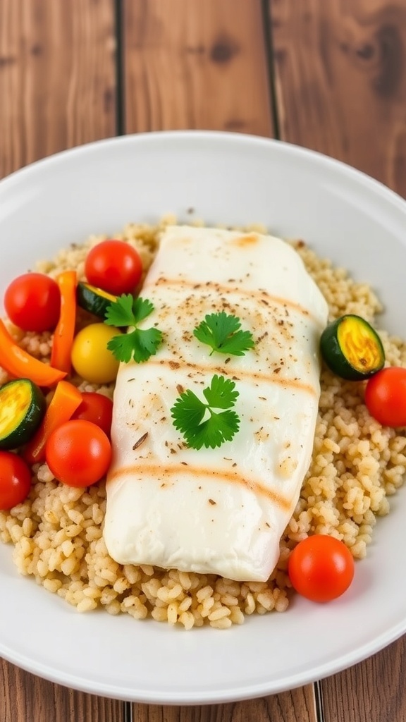 Tilapia fillet served on quinoa with sautéed vegetables, garnished with parsley.
